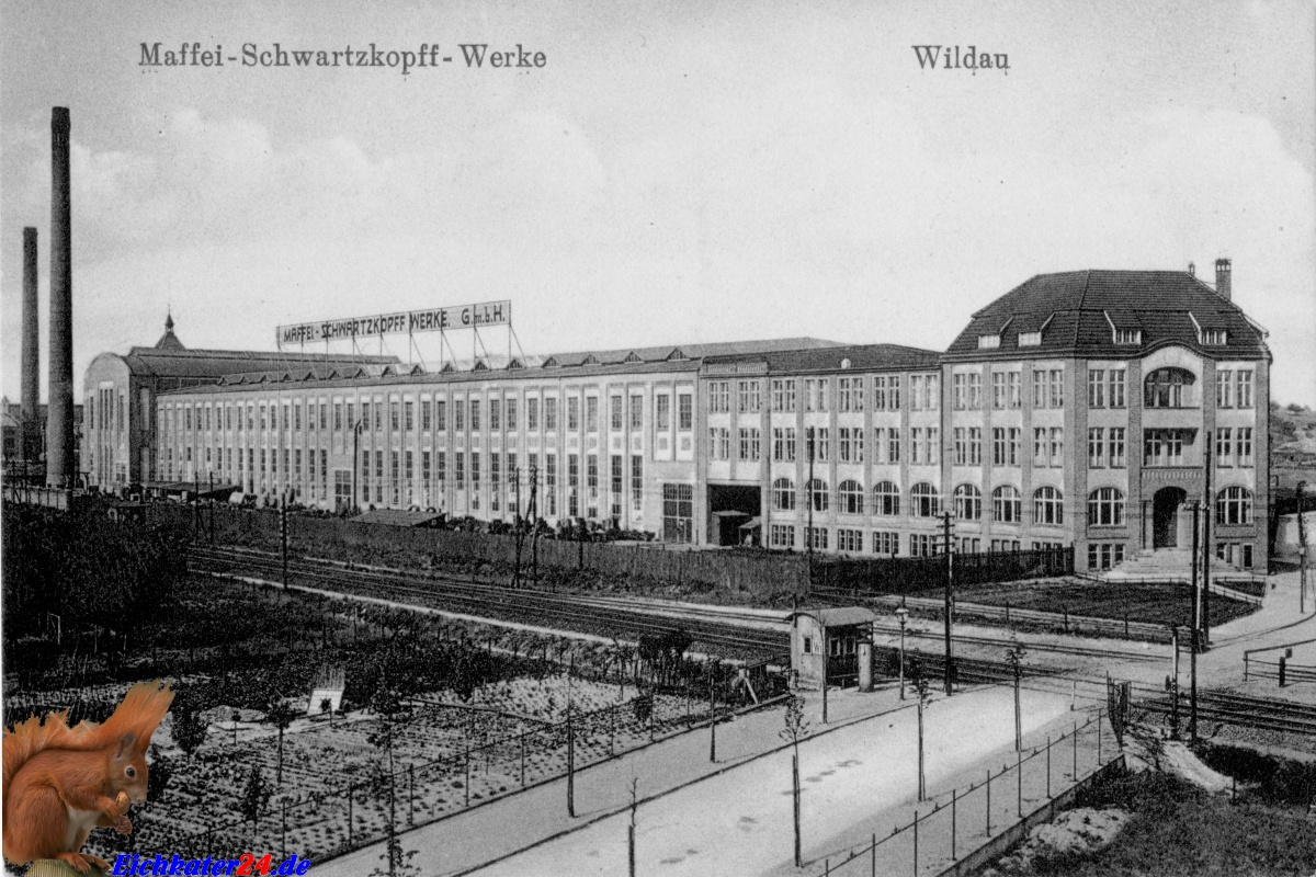 Postkarte Wildau Maffei - Schwartzkopff - Werke mit Bahn&uuml;bergang